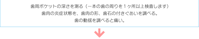 歯周ポケットの深さを測る（一本の歯の周りを１ヶ所以上検査します）　歯肉の炎症状態を、歯肉の形、歯石の付きぐあいを調べる。　歯の動揺を調べると痛い。